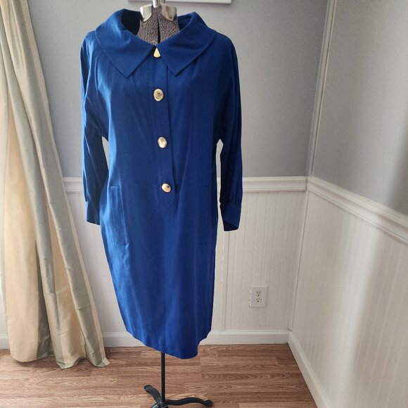 Vintage 80's Guy Laroche Paris Boutique Royal Blue Silk Sheath Dress W/Pockets - Picture 1 of 11